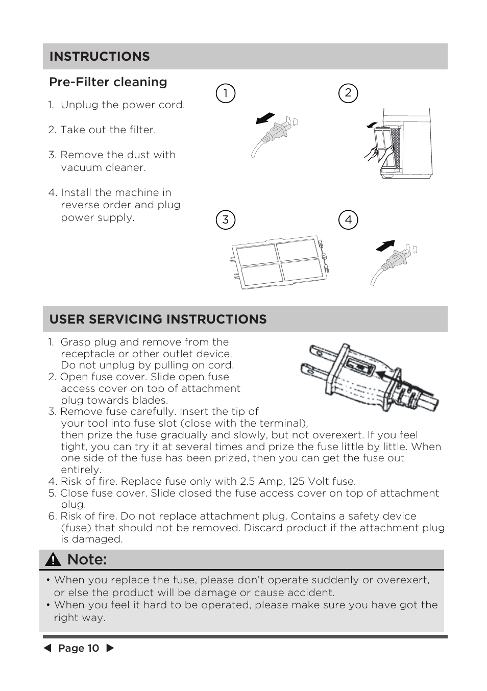 Instructions user servicing instructions, Pre-filter cleaning | MIDEA 41" Bladeless Tower Fan & HEPA User Manual | Page 10 / 24