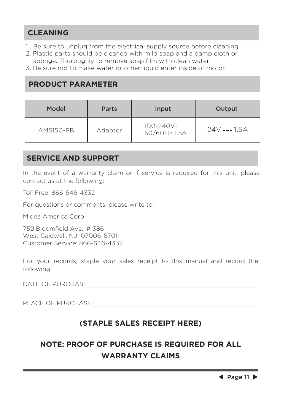 Cleaning, Service and support | MIDEA 41" Bladeless Tower Fan & HEPA User Manual | Page 11 / 24