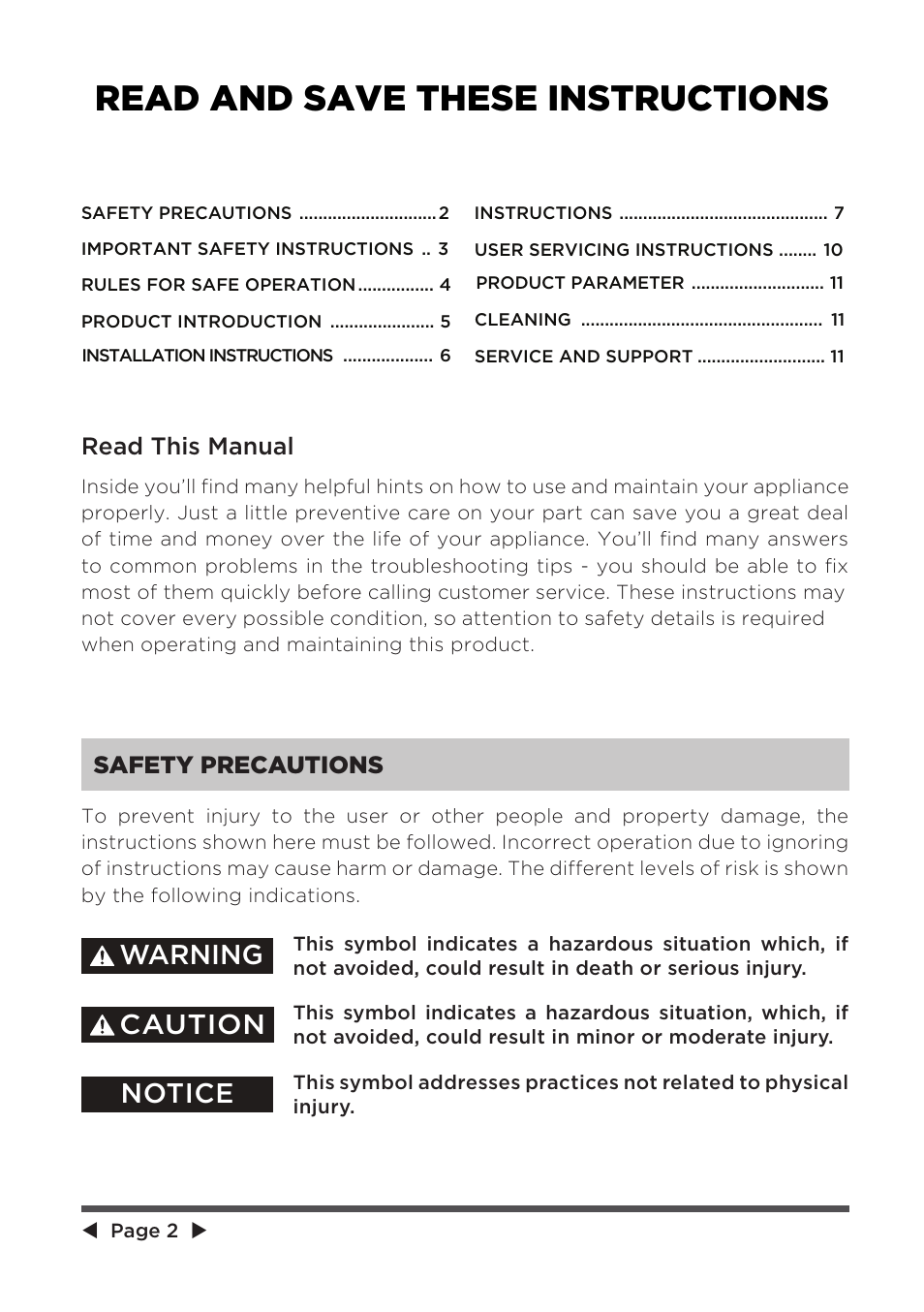 Read and save these instructions, Caution, Notice | Warning, Read this manual, Safety precautions | MIDEA 41" Bladeless Tower Fan & HEPA User Manual | Page 2 / 24