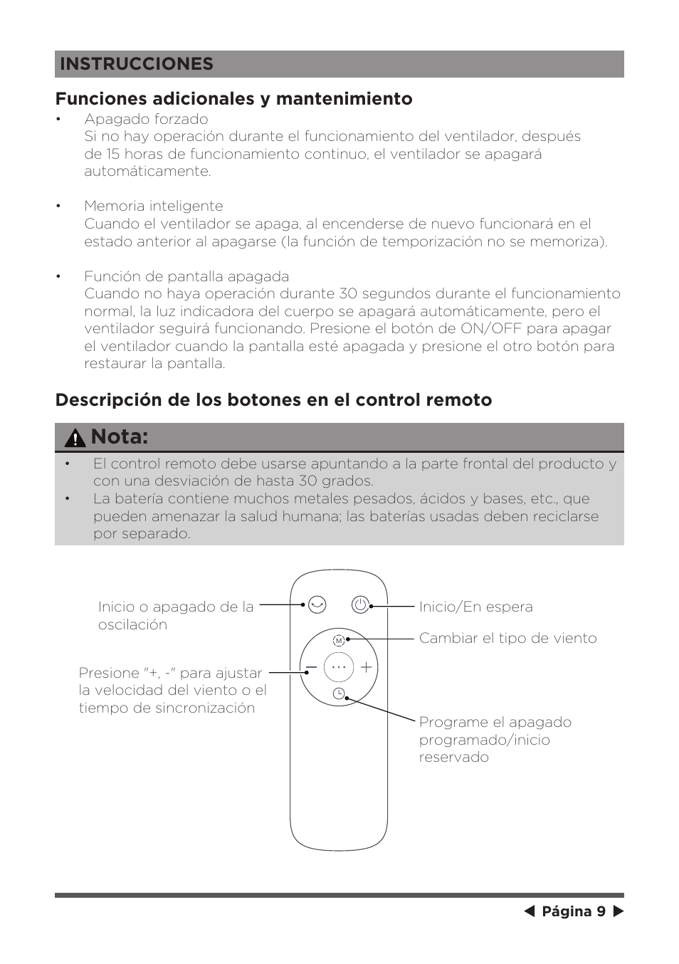 Nota, Descripción de los botones en el control remoto | MIDEA 41" Bladeless Tower Fan & HEPA User Manual | Page 20 / 24