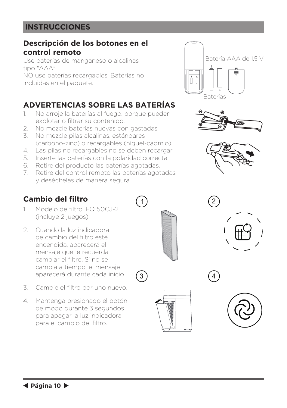 Advertencias sobre las baterías, Cambio del filtro | MIDEA 41" Bladeless Tower Fan & HEPA User Manual | Page 21 / 24