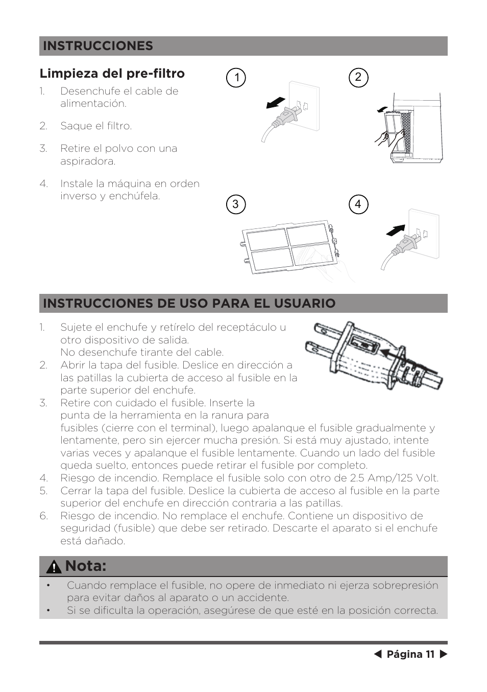 Nota, Instrucciones limpieza del pre-filtro, Instrucciones de uso para el usuario | MIDEA 41" Bladeless Tower Fan & HEPA User Manual | Page 22 / 24