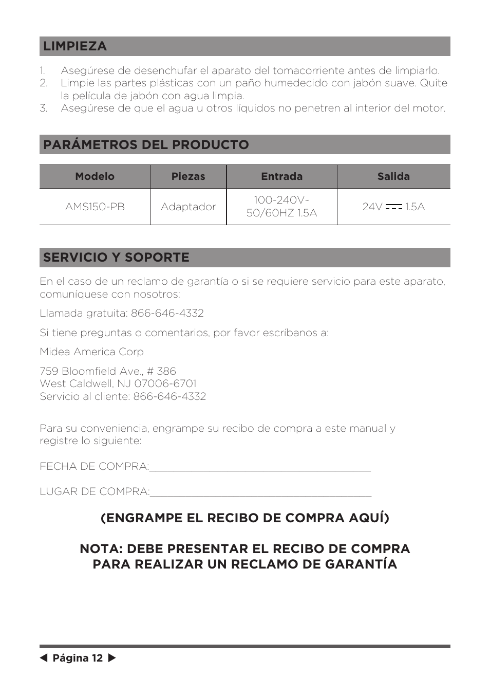 Limpieza, Parámetros del producto, Servicio y soporte | MIDEA 41" Bladeless Tower Fan & HEPA User Manual | Page 23 / 24