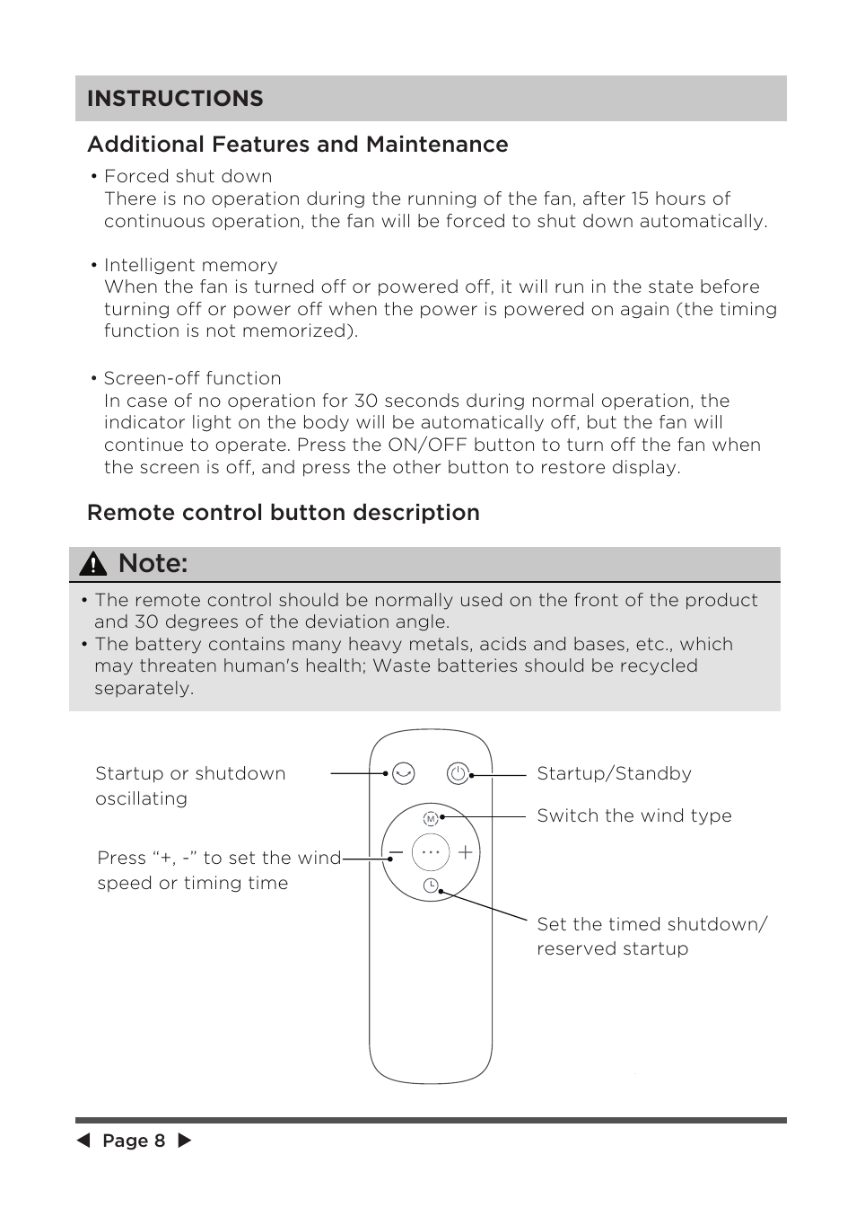 Instructions | MIDEA 41" Bladeless Tower Fan & HEPA User Manual | Page 8 / 24