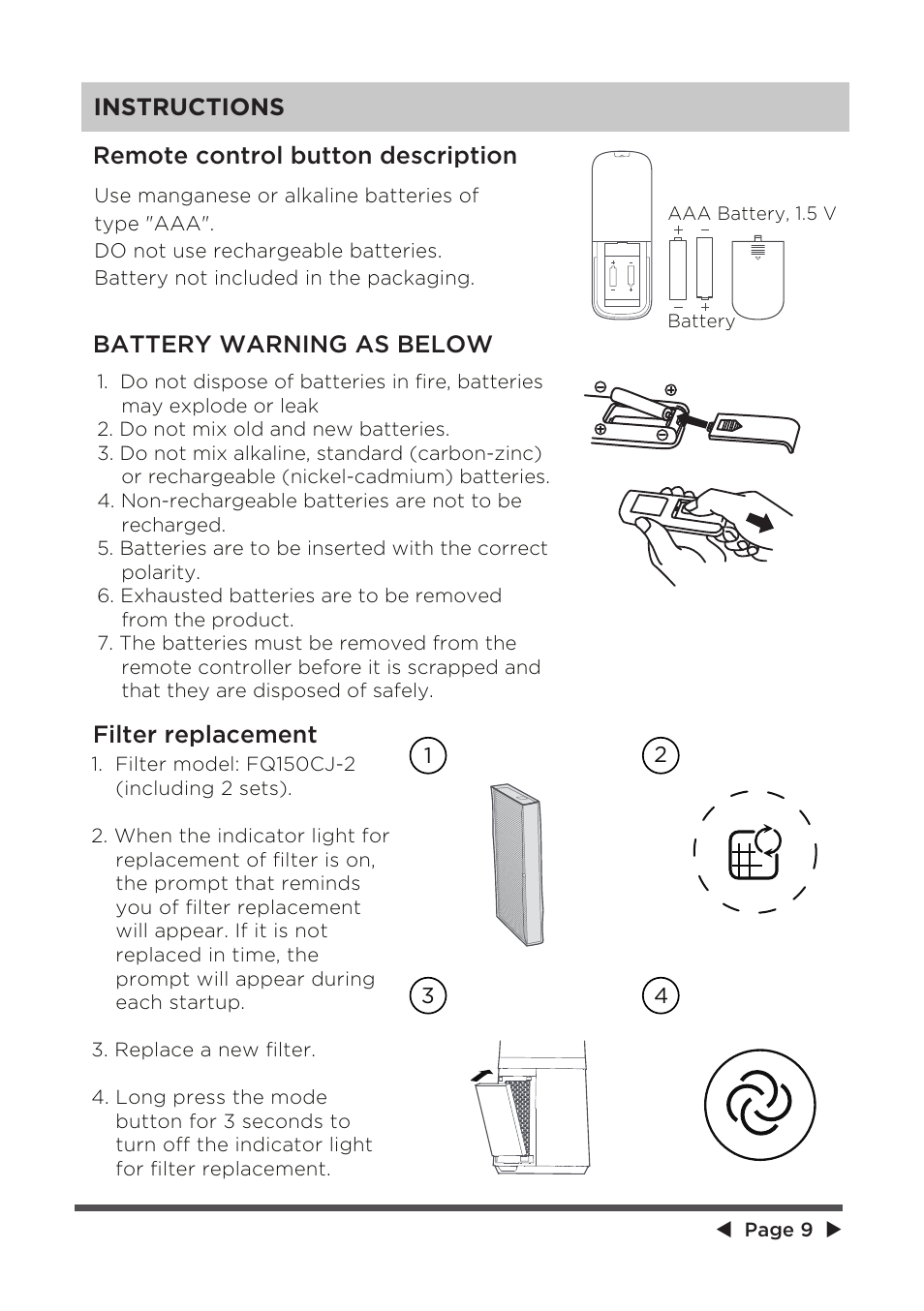 Instructions | MIDEA 41" Bladeless Tower Fan & HEPA User Manual | Page 9 / 24