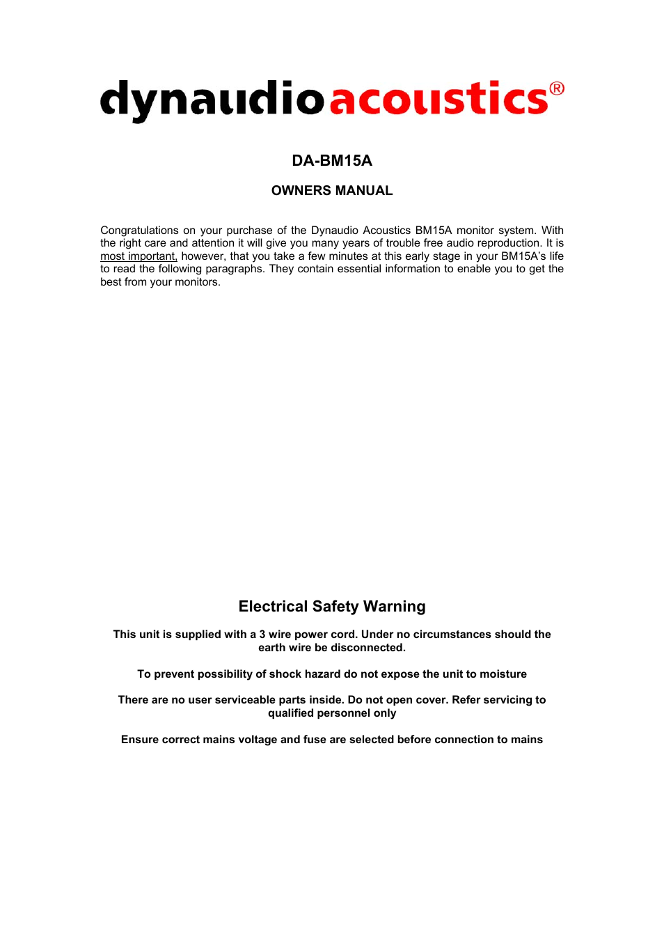Dynaudio DA-BM15A User Manual | 6 pages