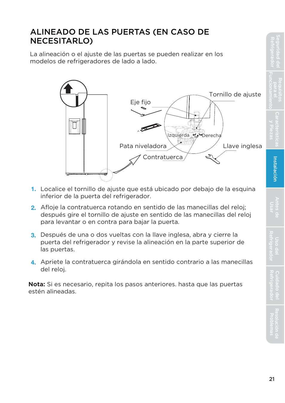 Alineado de las puertas (en caso de necesitarlo) | MIDEA 26.3 Cu. Ft. Side-by-Side User Manual | Page 100 / 121