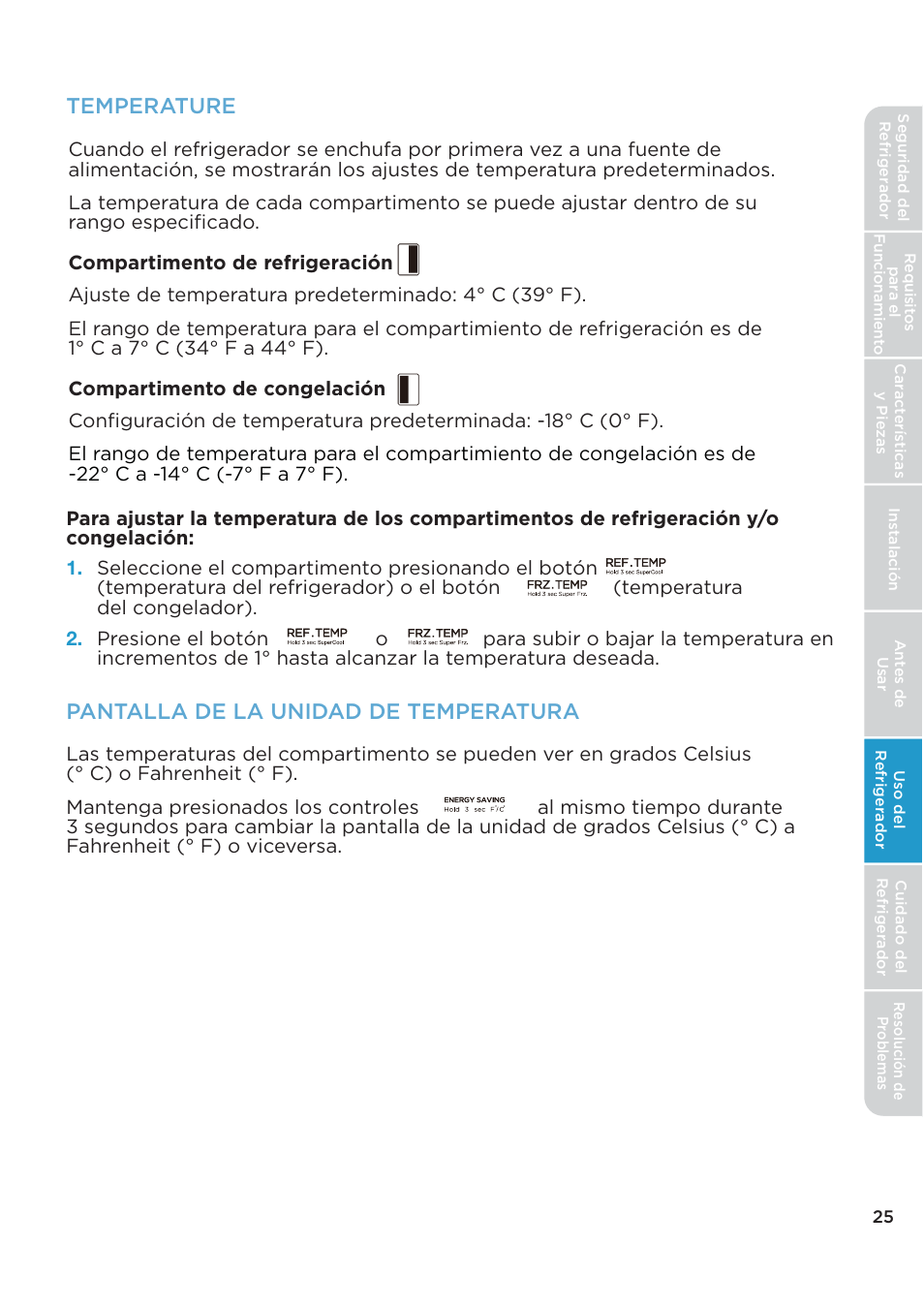 Temperature, Pantalla de la unidad de temperatura | MIDEA 26.3 Cu. Ft. Side-by-Side User Manual | Page 104 / 121