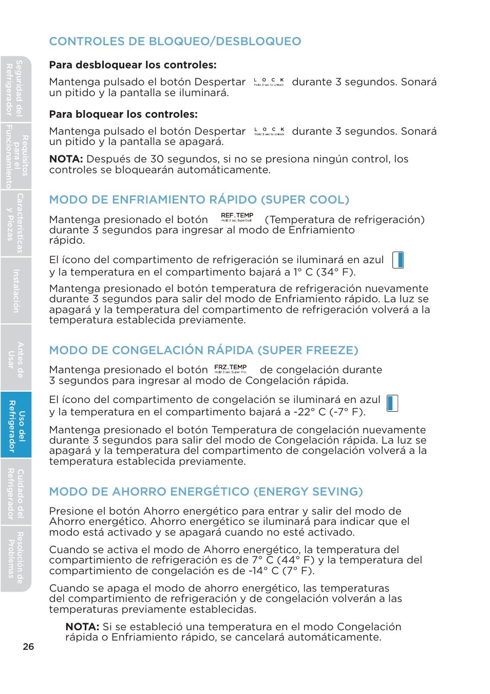 Controles de bloqueo/desbloqueo, Modo de enfriamiento rápido (super cool), Modo de congelación rápida (super freeze) | Modo de ahorro energético (energy seving) | MIDEA 26.3 Cu. Ft. Side-by-Side User Manual | Page 105 / 121