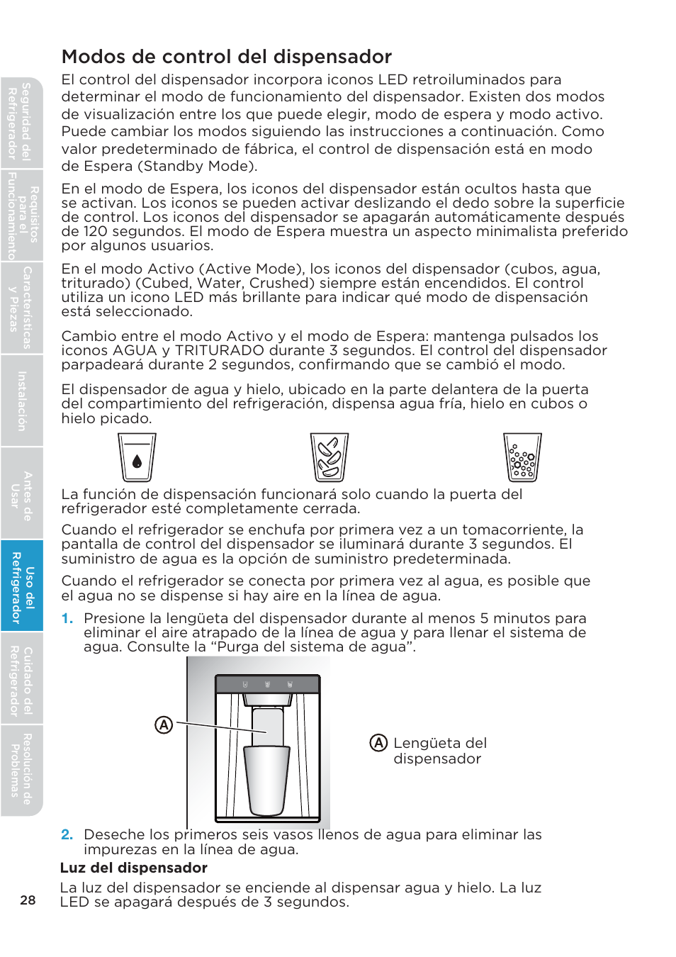 Modos de control del dispensador | MIDEA 26.3 Cu. Ft. Side-by-Side User Manual | Page 107 / 121