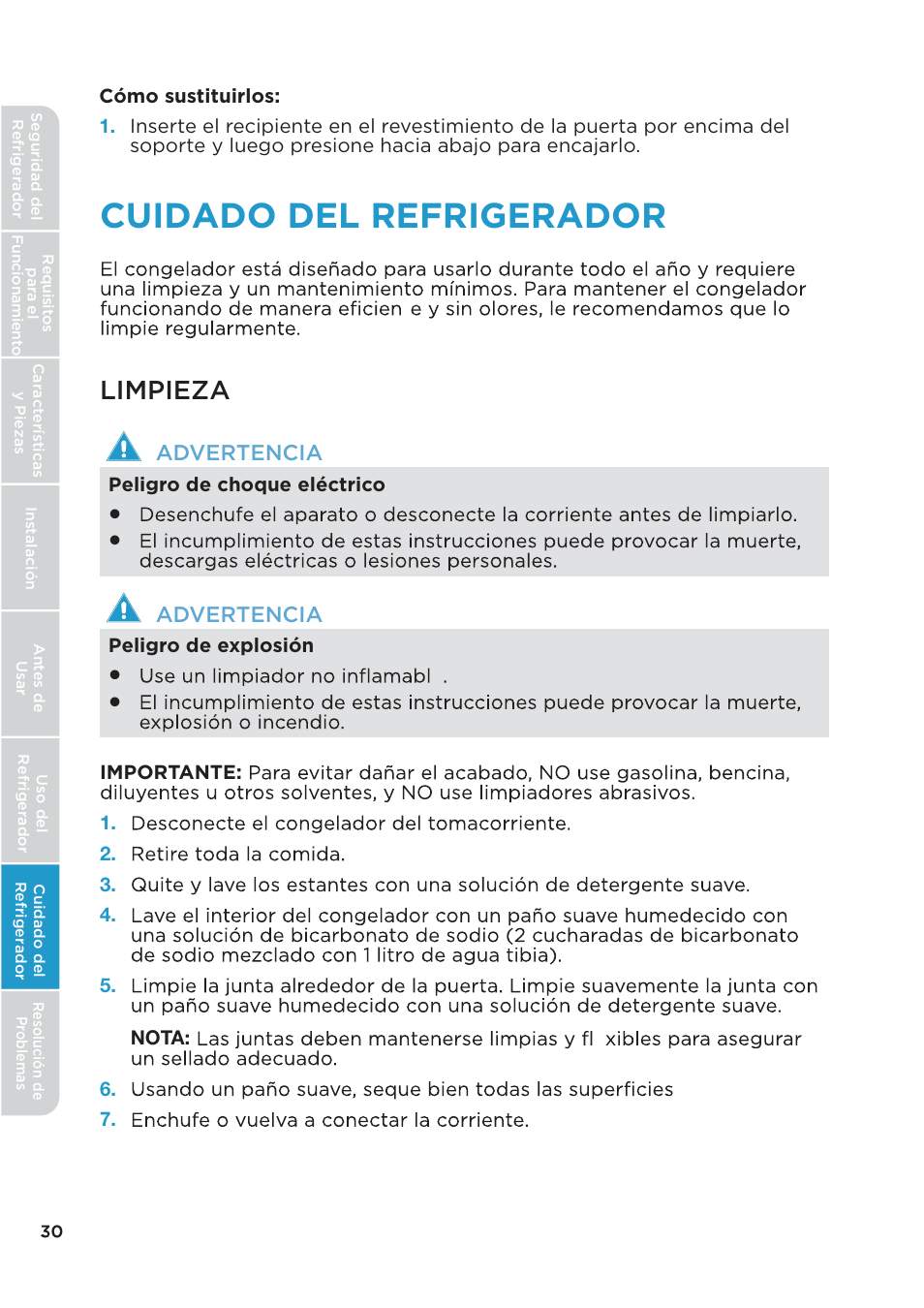 Cuidado del refrigerador, Limpieza | MIDEA 26.3 Cu. Ft. Side-by-Side User Manual | Page 109 / 121