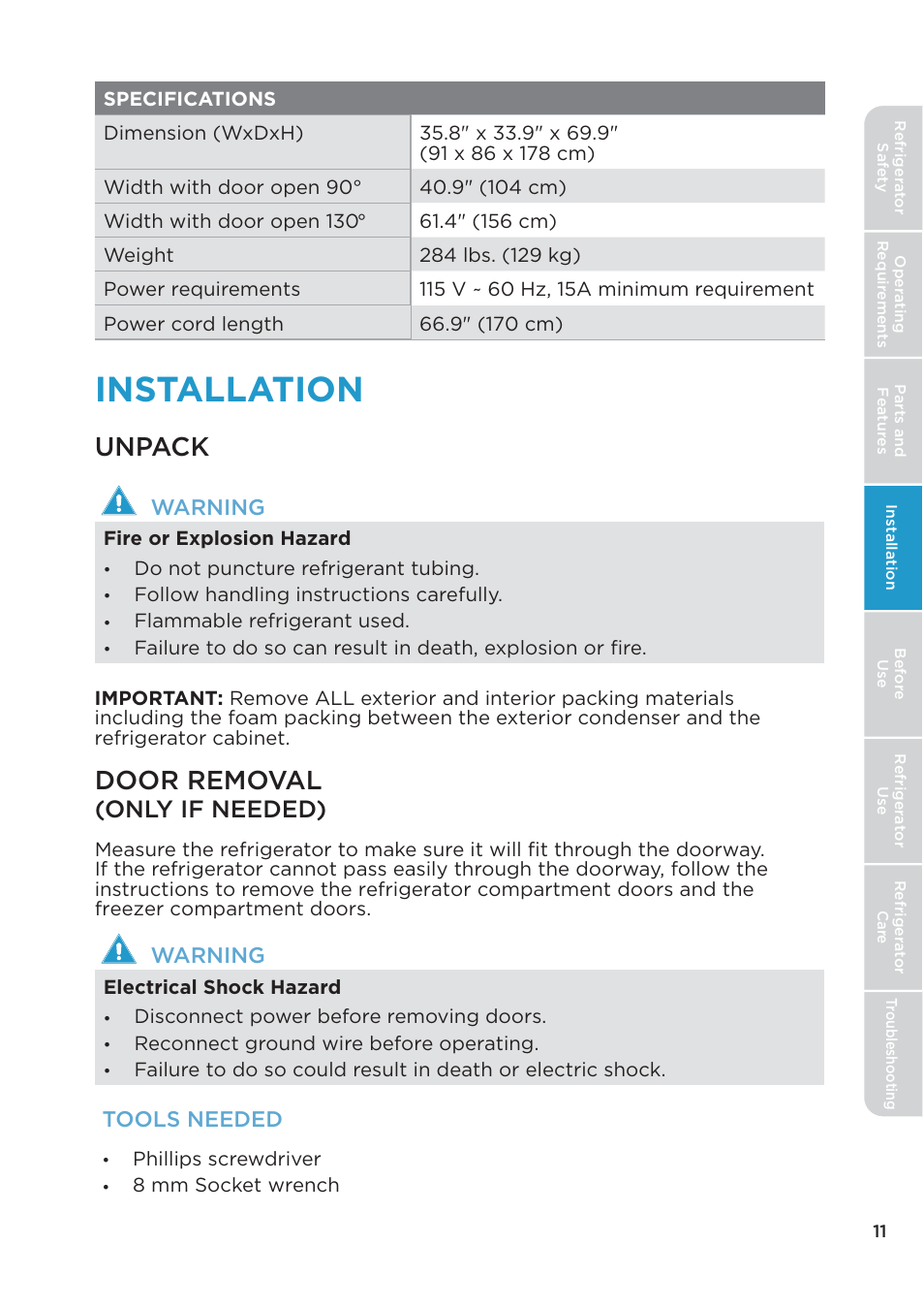 Installation, Unpack, Door removal | Only if needed) | MIDEA 26.3 Cu. Ft. Side-by-Side User Manual | Page 11 / 121