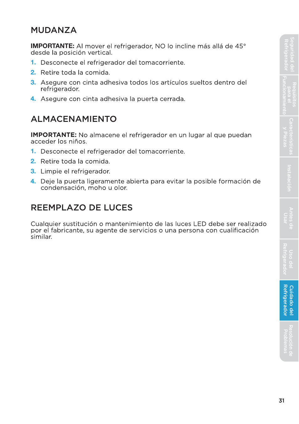 Mudanza, Almacenamiento, Reemplazo de luces | MIDEA 26.3 Cu. Ft. Side-by-Side User Manual | Page 110 / 121