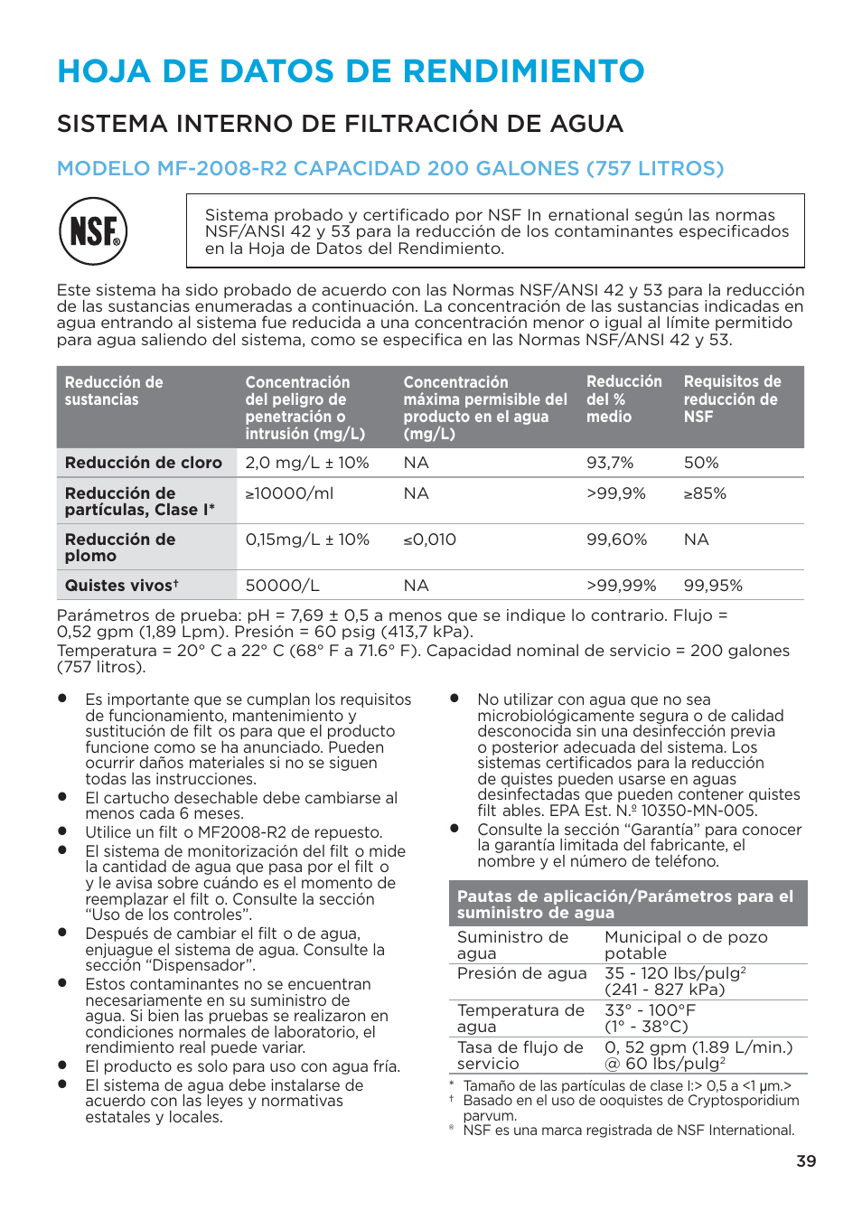 Hoja de datos de rendimiento, Sistema interno de filtración de agua | MIDEA 26.3 Cu. Ft. Side-by-Side User Manual | Page 118 / 121