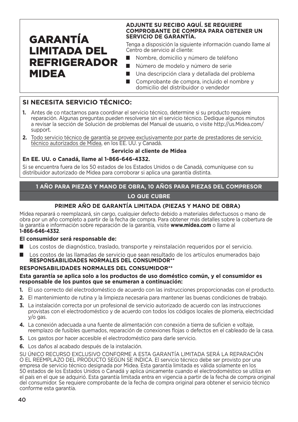 Garantía limitada del refrigerador midea | MIDEA 26.3 Cu. Ft. Side-by-Side User Manual | Page 119 / 121