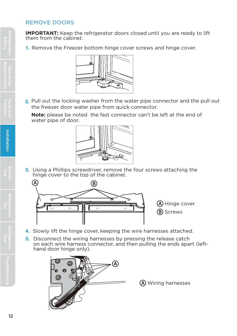 Remove doors | MIDEA 26.3 Cu. Ft. Side-by-Side User Manual | Page 12 / 121