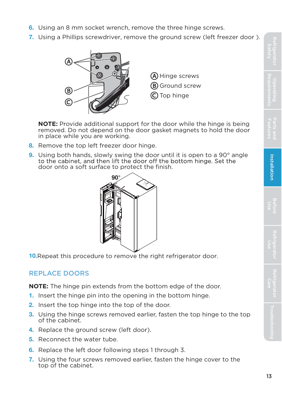 Replace doors | MIDEA 26.3 Cu. Ft. Side-by-Side User Manual | Page 13 / 121