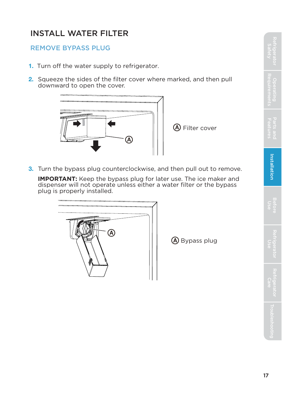 Install water filter, Remove bypass plug | MIDEA 26.3 Cu. Ft. Side-by-Side User Manual | Page 17 / 121