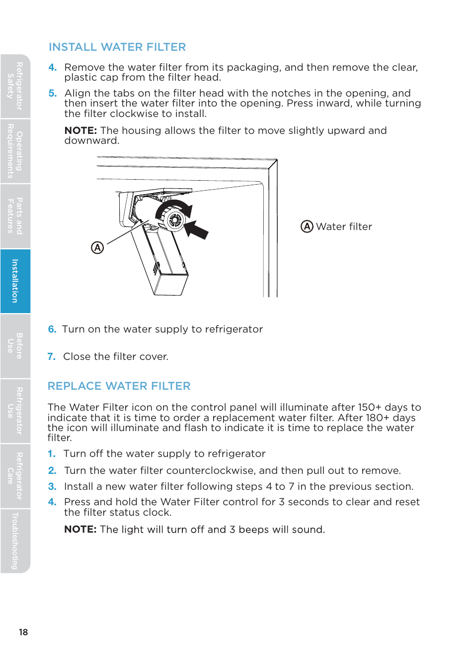 Install water filter, Replace water filter | MIDEA 26.3 Cu. Ft. Side-by-Side User Manual | Page 18 / 121