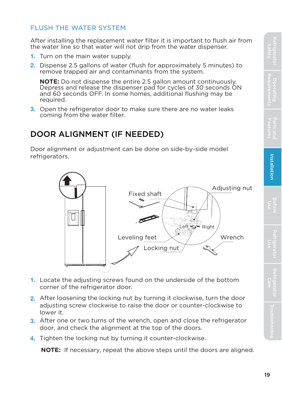 Door alignment (if needed), Flush the water system | MIDEA 26.3 Cu. Ft. Side-by-Side User Manual | Page 19 / 121
