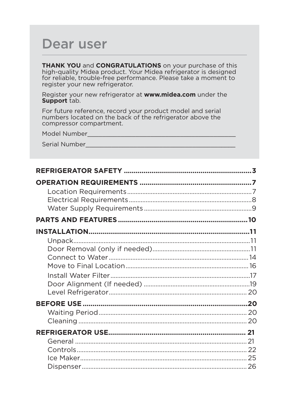 Dear user | MIDEA 26.3 Cu. Ft. Side-by-Side User Manual | Page 2 / 121