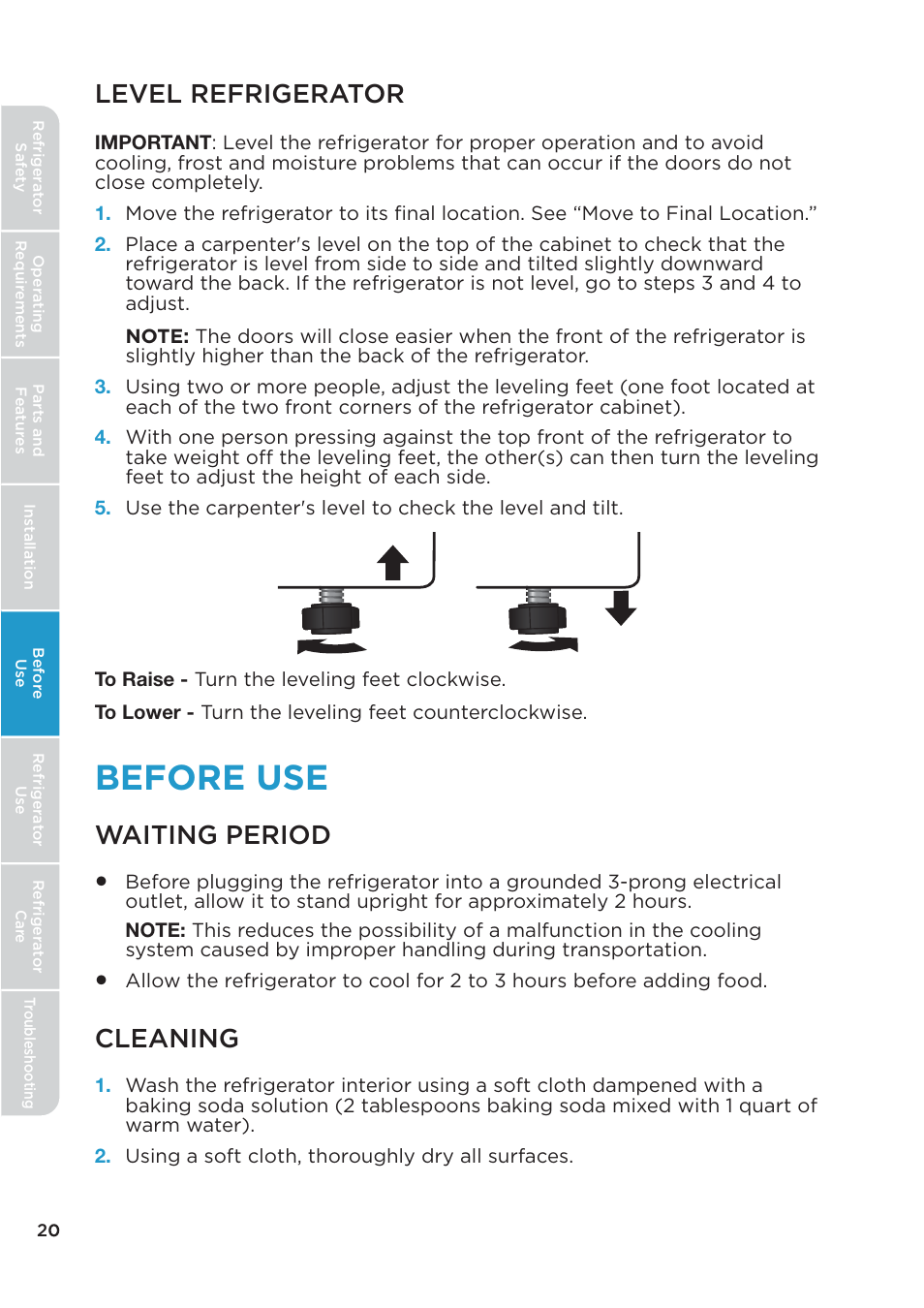 Before use, Level refrigerator, Waiting period | Cleaning | MIDEA 26.3 Cu. Ft. Side-by-Side User Manual | Page 20 / 121