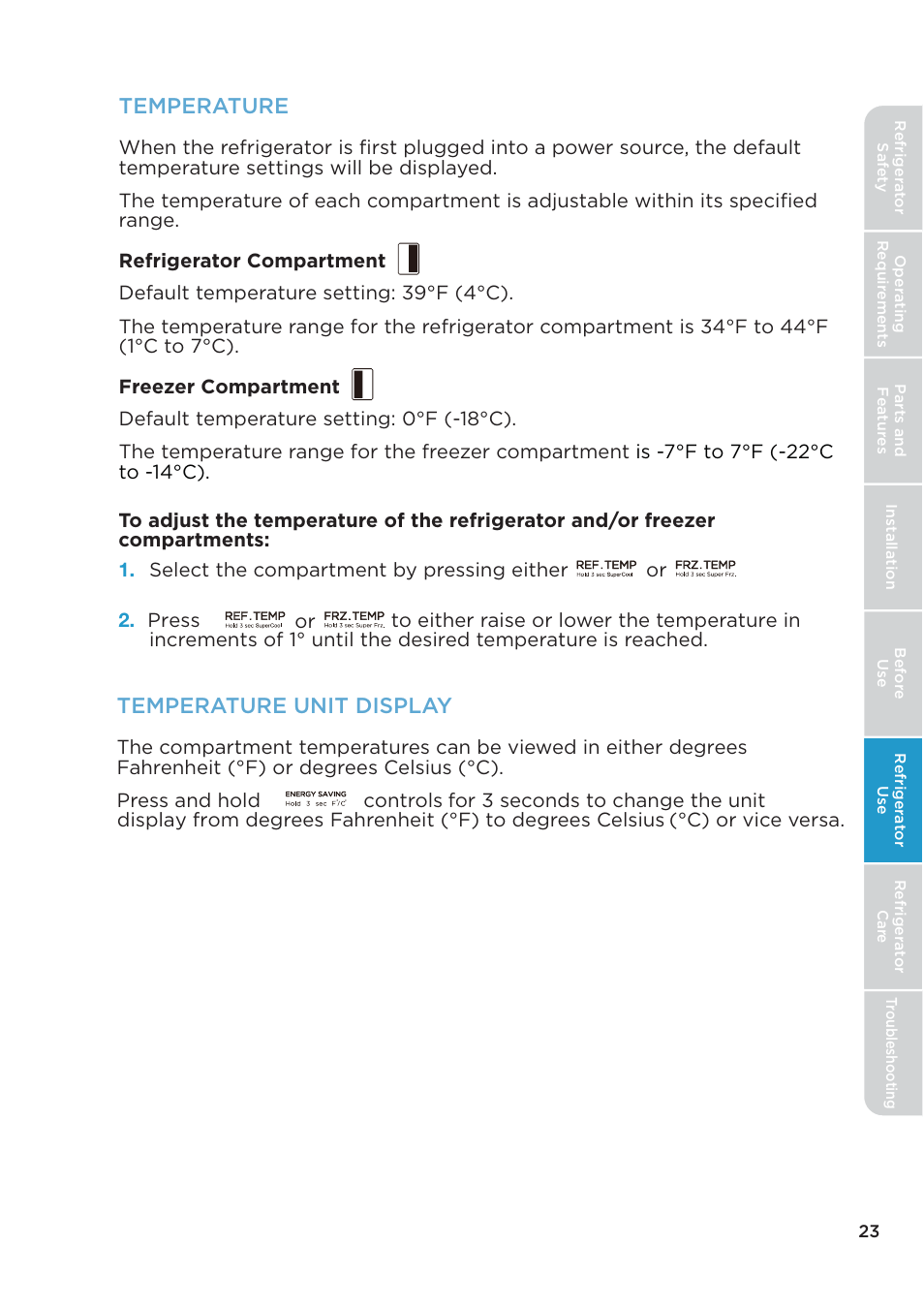 Temperature, Temperature unit display | MIDEA 26.3 Cu. Ft. Side-by-Side User Manual | Page 23 / 121