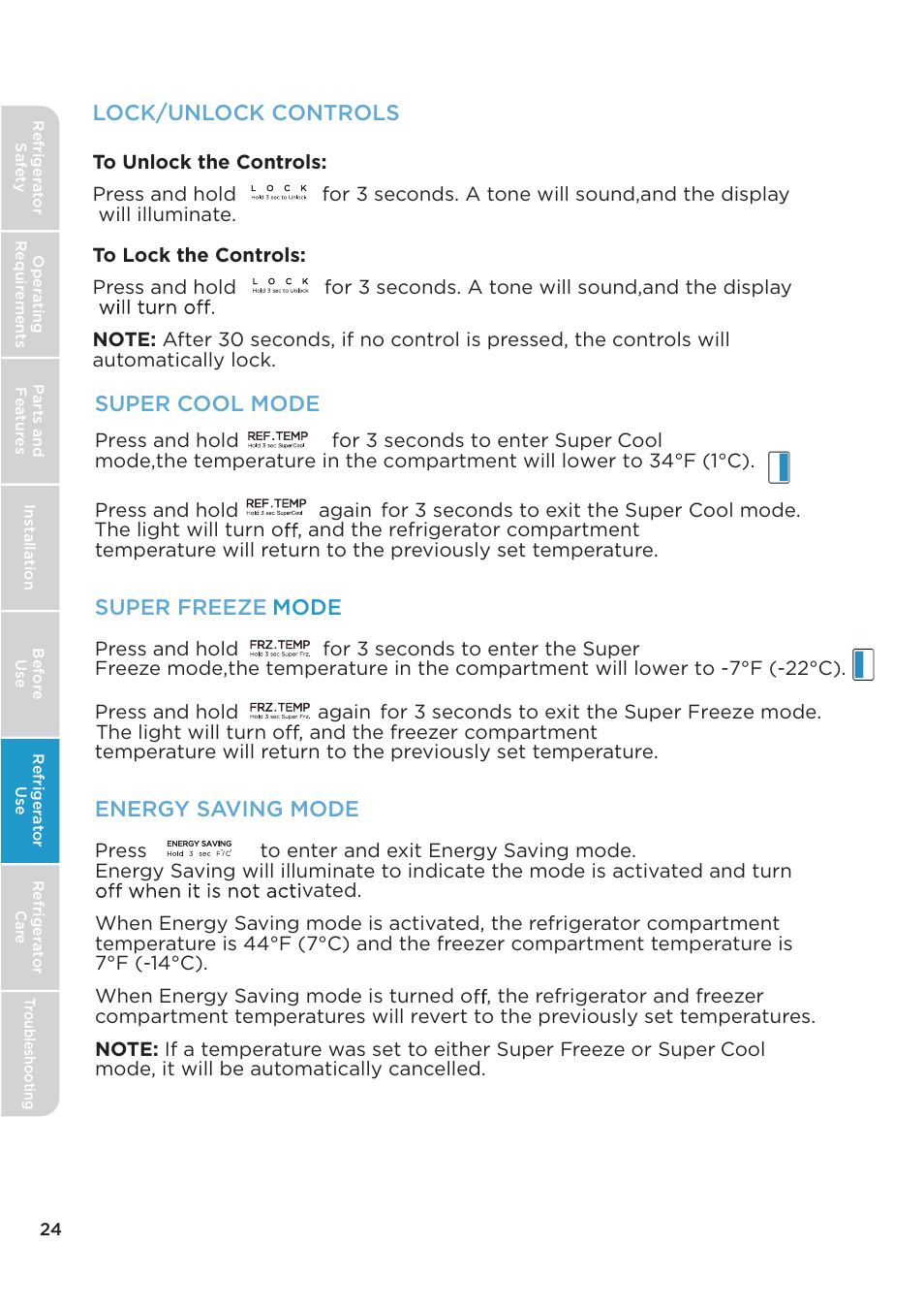 Super cool mode, Super freeze mode, Energy saving mode | Lock/unlock controls | MIDEA 26.3 Cu. Ft. Side-by-Side User Manual | Page 24 / 121