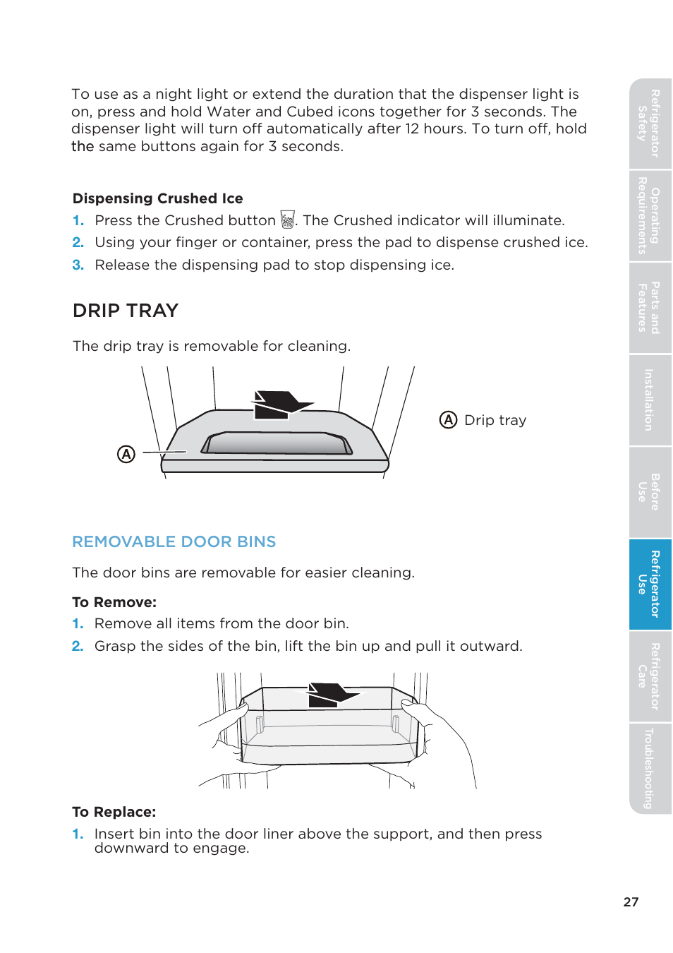 Drip tray, Removable door bins | MIDEA 26.3 Cu. Ft. Side-by-Side User Manual | Page 27 / 121