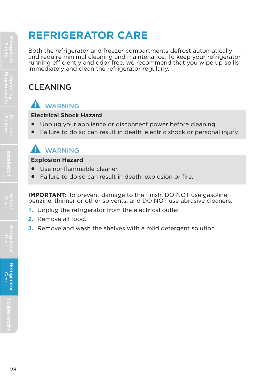 Refrigerator care, Cleaning, Warning | MIDEA 26.3 Cu. Ft. Side-by-Side User Manual | Page 28 / 121