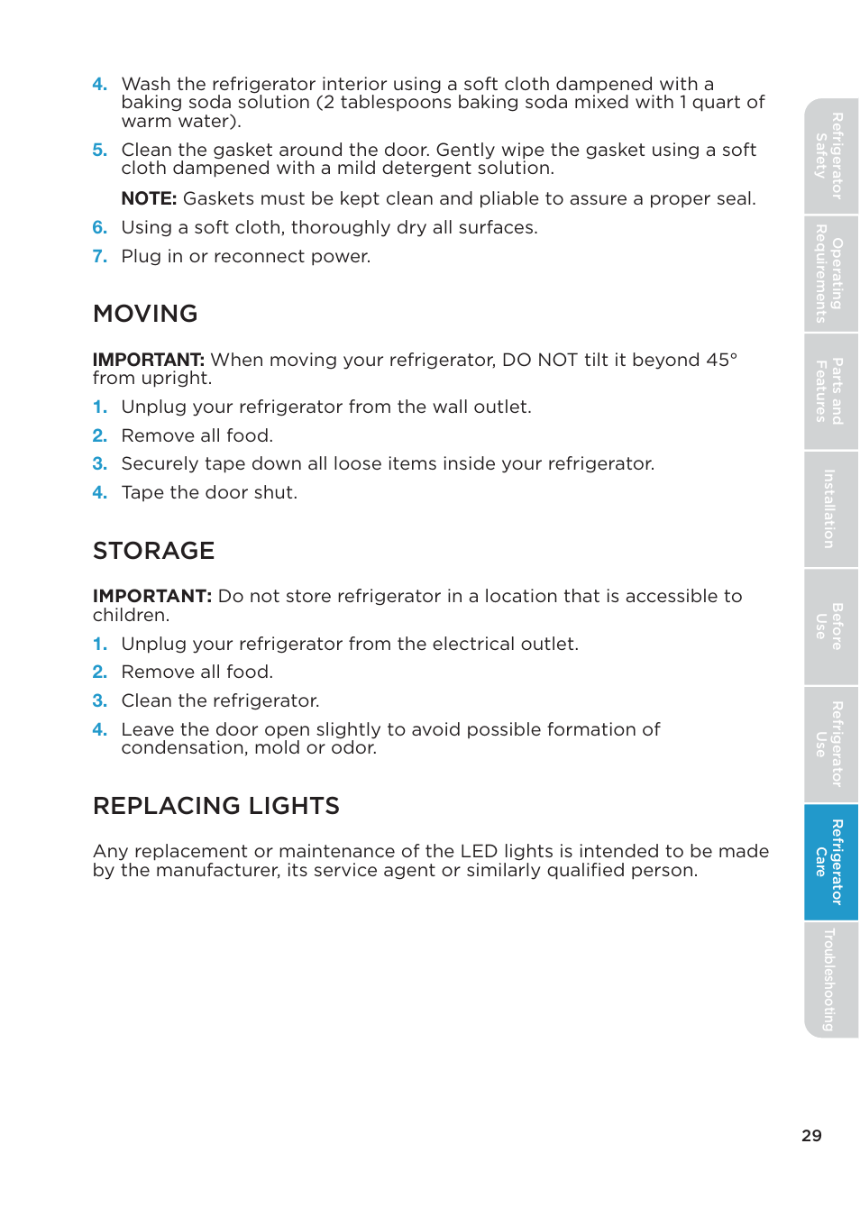 Moving, Storage, Replacing lights | MIDEA 26.3 Cu. Ft. Side-by-Side User Manual | Page 29 / 121