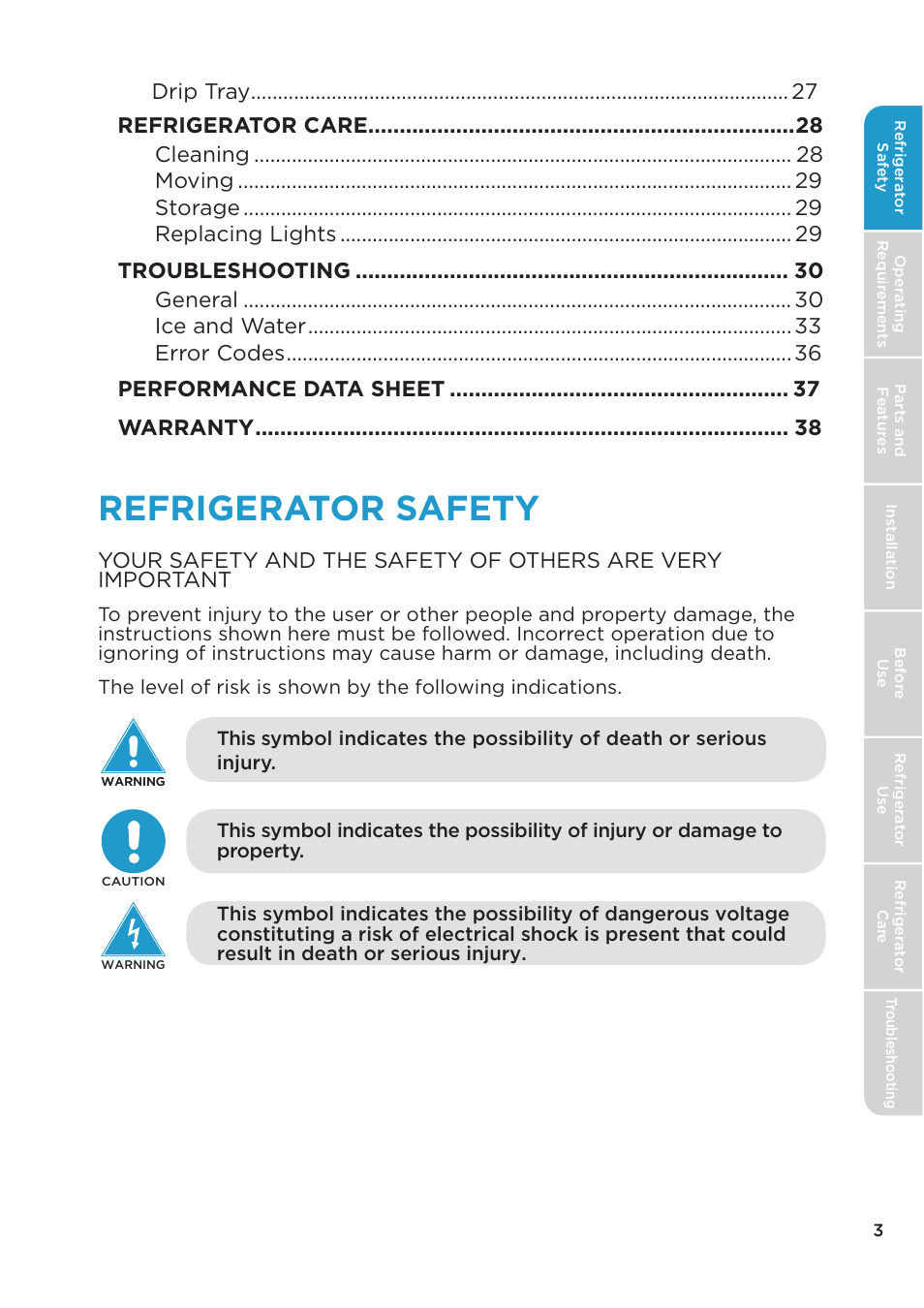 Refrigerator safety | MIDEA 26.3 Cu. Ft. Side-by-Side User Manual | Page 3 / 121