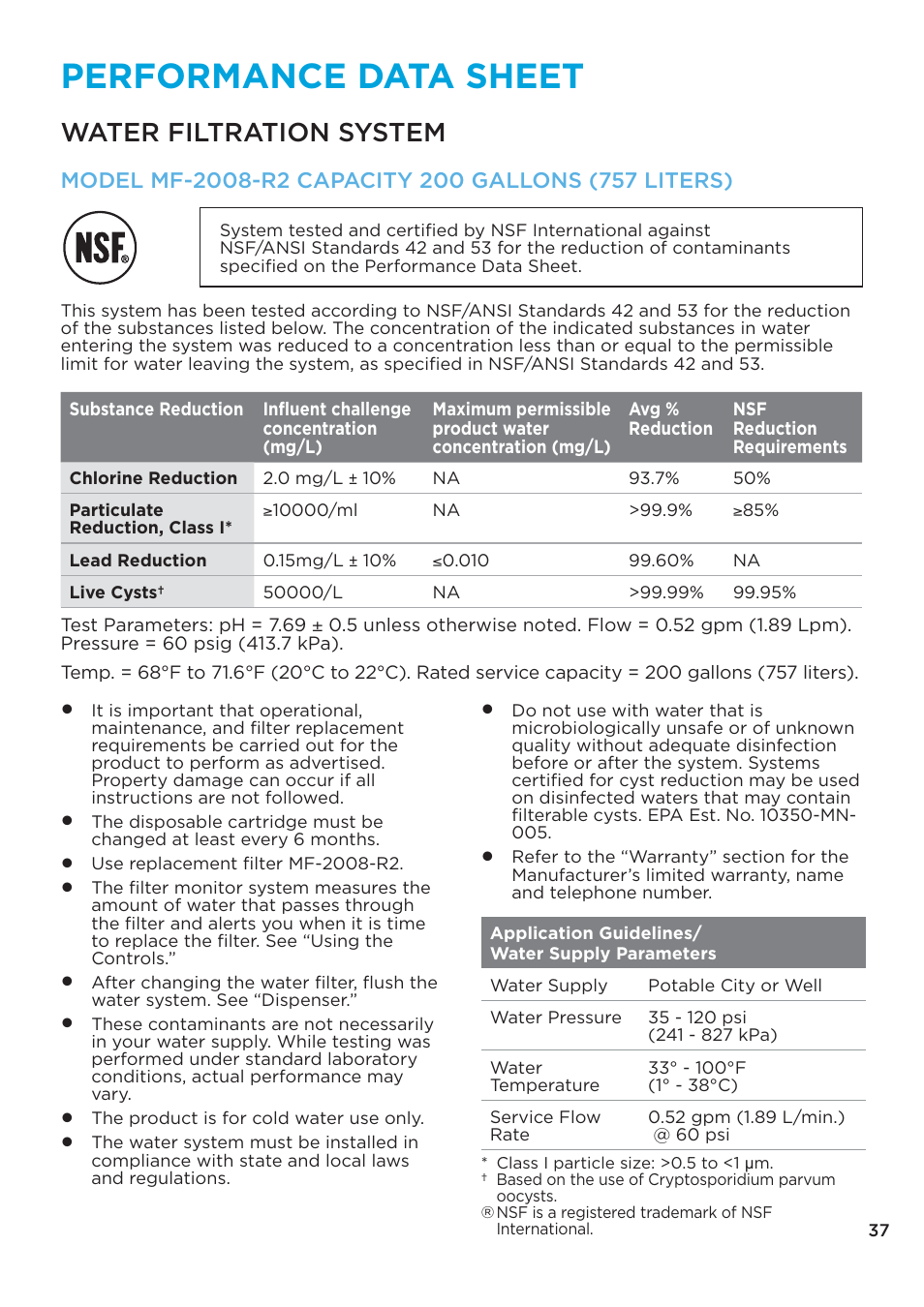 Performance data sheet, Water filtration system | MIDEA 26.3 Cu. Ft. Side-by-Side User Manual | Page 37 / 121