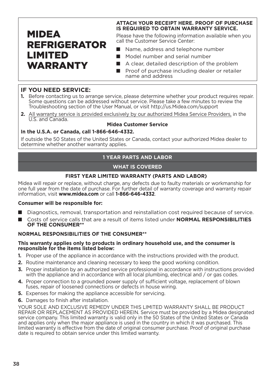 Midea refrigerator limited warranty | MIDEA 26.3 Cu. Ft. Side-by-Side User Manual | Page 38 / 121