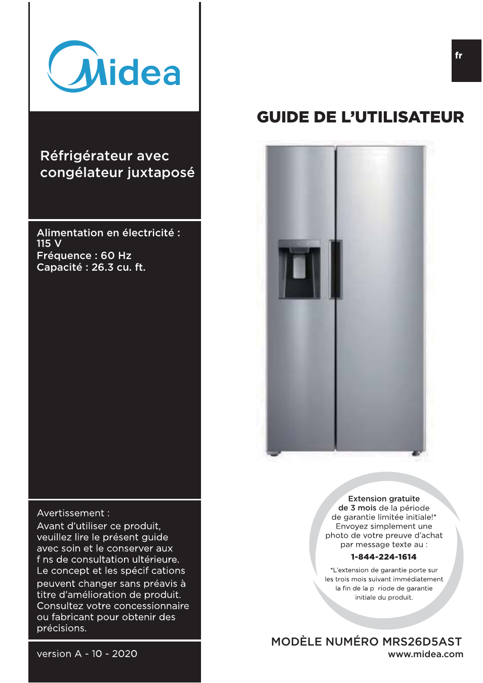 Guide de l’utilisateur, Réfrigérateur avec congélateur juxtaposé | MIDEA 26.3 Cu. Ft. Side-by-Side User Manual | Page 40 / 121