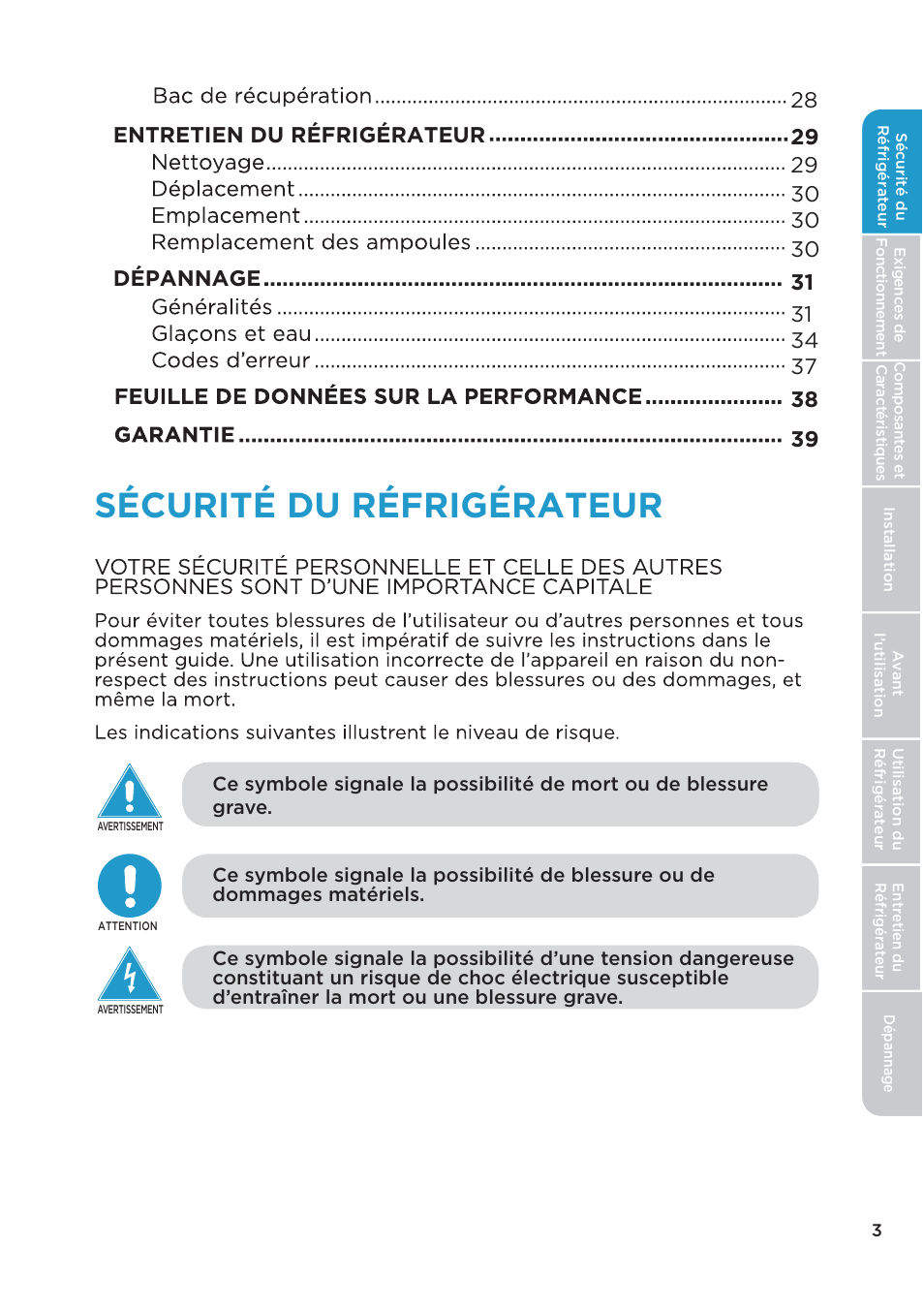 Sécurité du réfrigérateur | MIDEA 26.3 Cu. Ft. Side-by-Side User Manual | Page 42 / 121