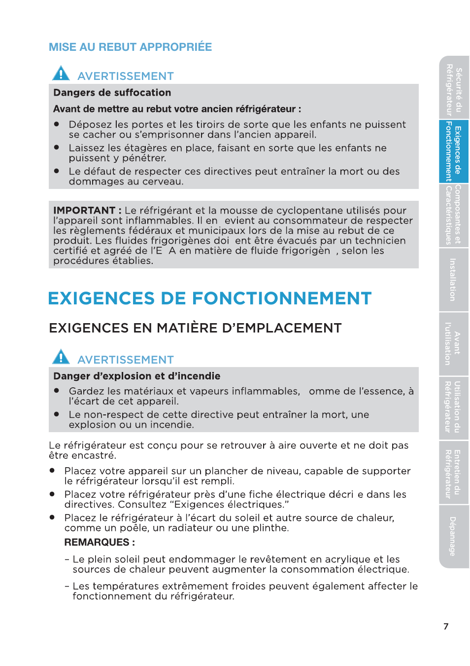 Exigences de fonctionnement, Exigences en matière d’emplacement | MIDEA 26.3 Cu. Ft. Side-by-Side User Manual | Page 46 / 121