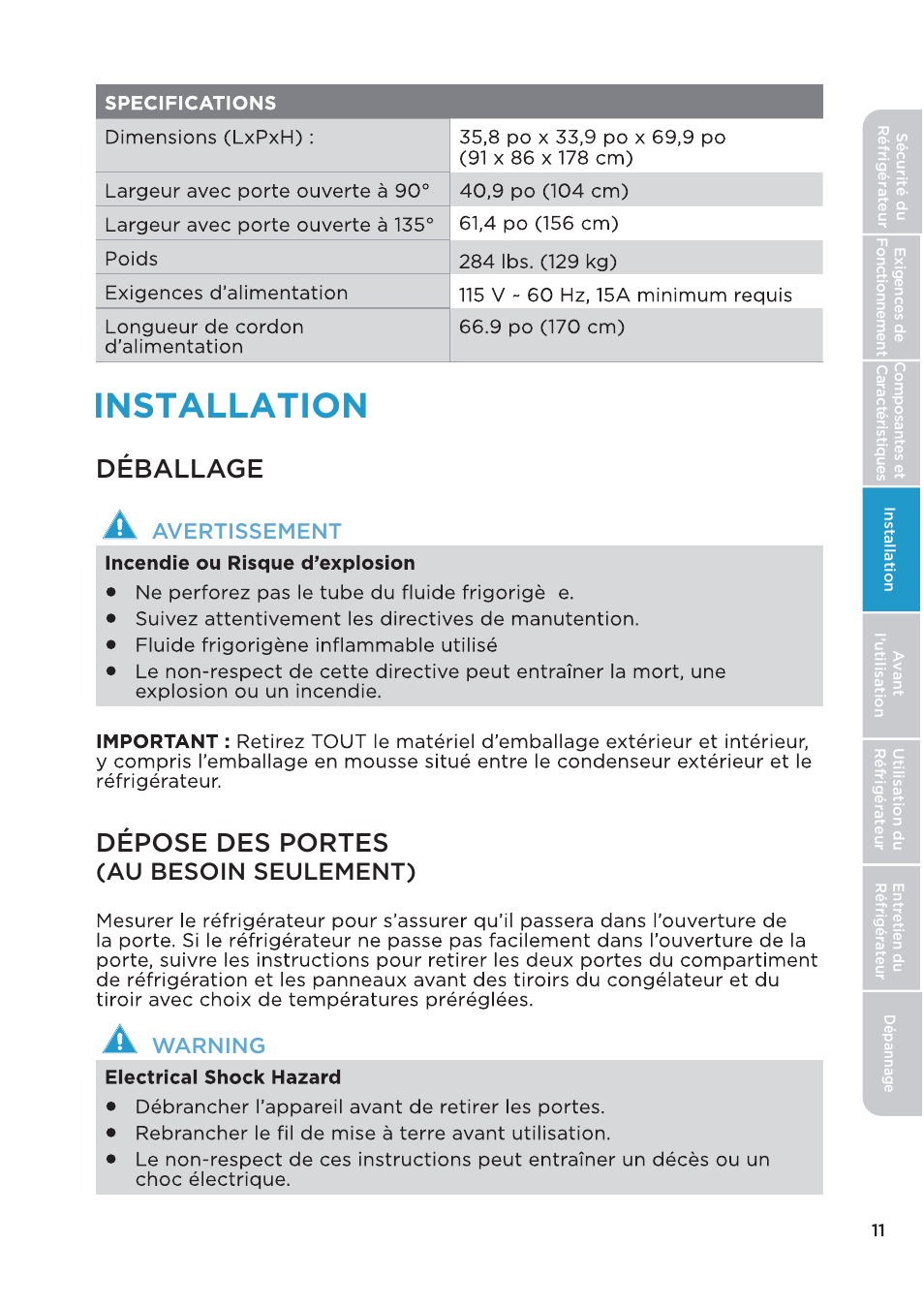 Installation, Déballage, Dépose des portes | Au besoin seulement), Avertissement, Warning | MIDEA 26.3 Cu. Ft. Side-by-Side User Manual | Page 50 / 121