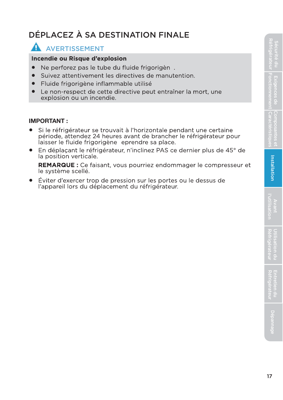 Déplacez à sa destination finale, Avertissement | MIDEA 26.3 Cu. Ft. Side-by-Side User Manual | Page 56 / 121