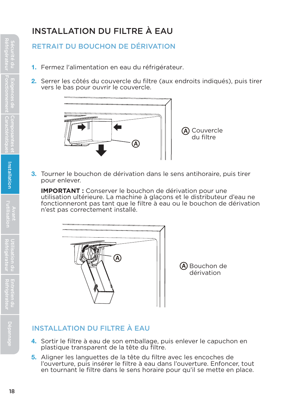 Installation du filtre à eau, Retrait du bouchon de dérivation | MIDEA 26.3 Cu. Ft. Side-by-Side User Manual | Page 57 / 121