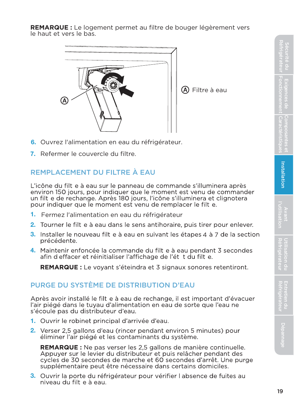 Remplacement du filtre à eau, Purge du système de distribution d’eau | MIDEA 26.3 Cu. Ft. Side-by-Side User Manual | Page 58 / 121