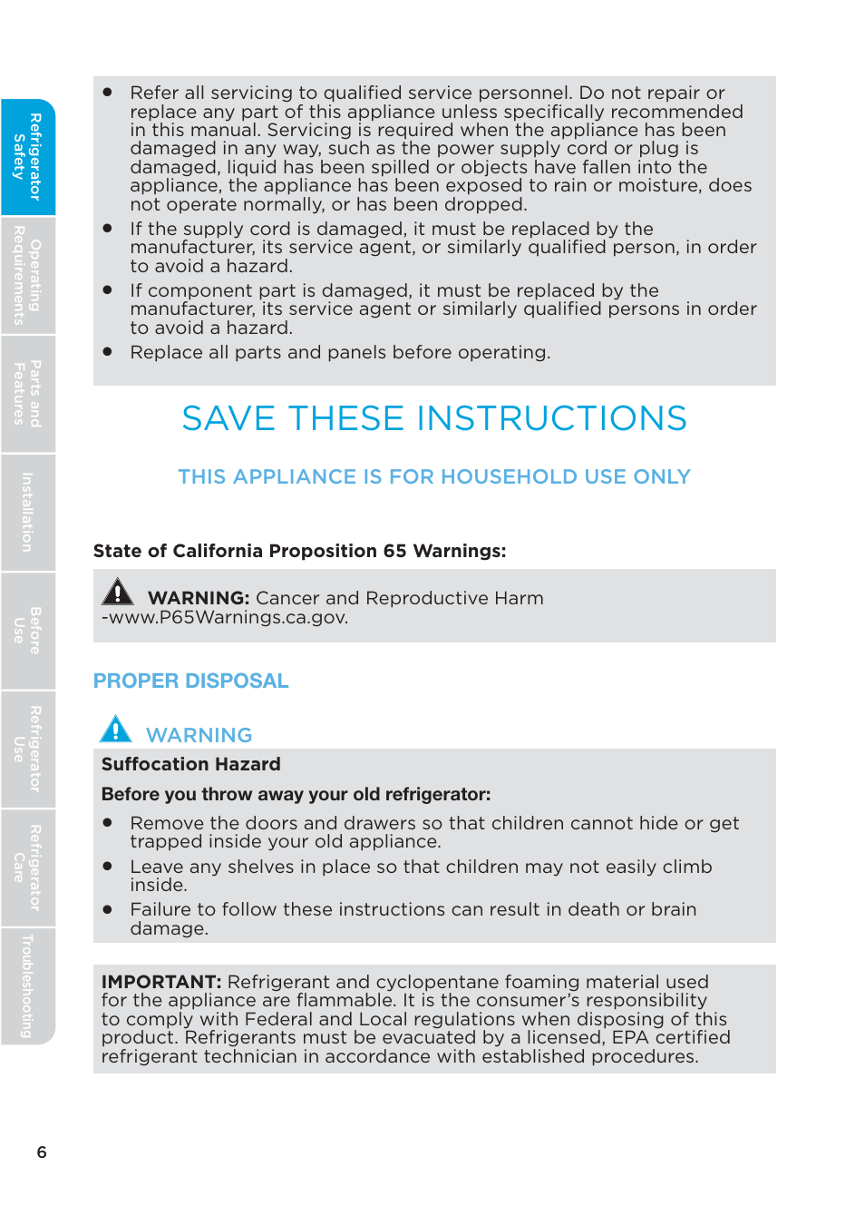 Save these instructions, This appliance is for household use only, Proper disposal warning | MIDEA 26.3 Cu. Ft. Side-by-Side User Manual | Page 6 / 121