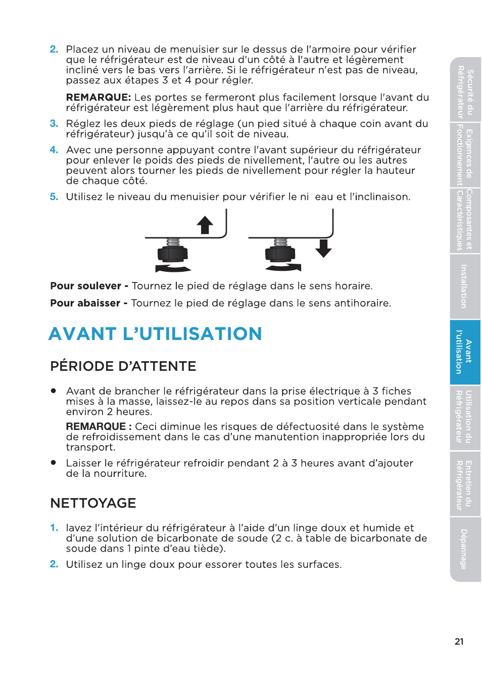 Avant l’utilisation, Période d’attente, Nettoyage | MIDEA 26.3 Cu. Ft. Side-by-Side User Manual | Page 60 / 121