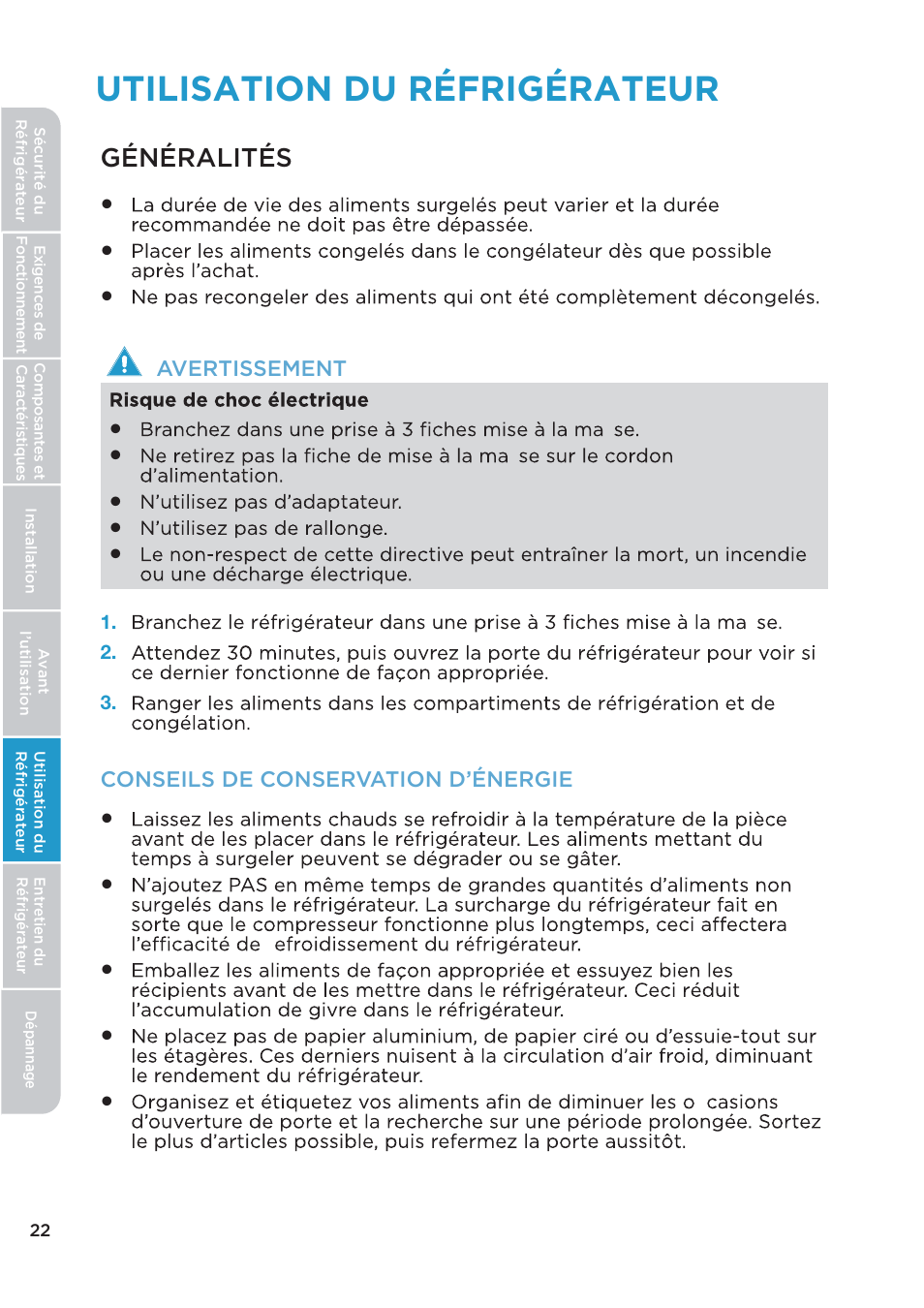 Utilisation du réfrigérateur, Généralités | MIDEA 26.3 Cu. Ft. Side-by-Side User Manual | Page 61 / 121