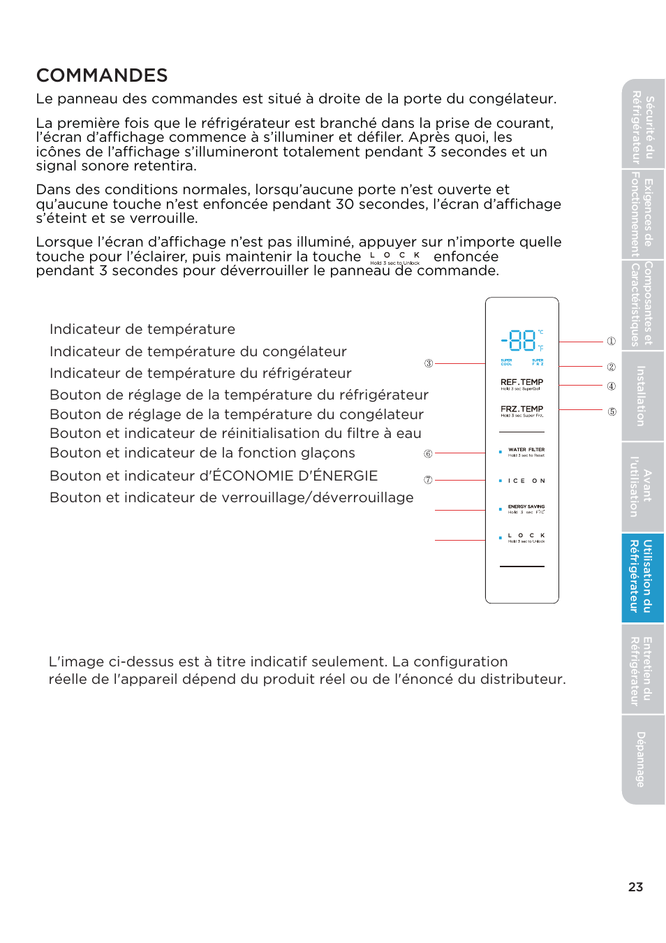 Commandes | MIDEA 26.3 Cu. Ft. Side-by-Side User Manual | Page 62 / 121