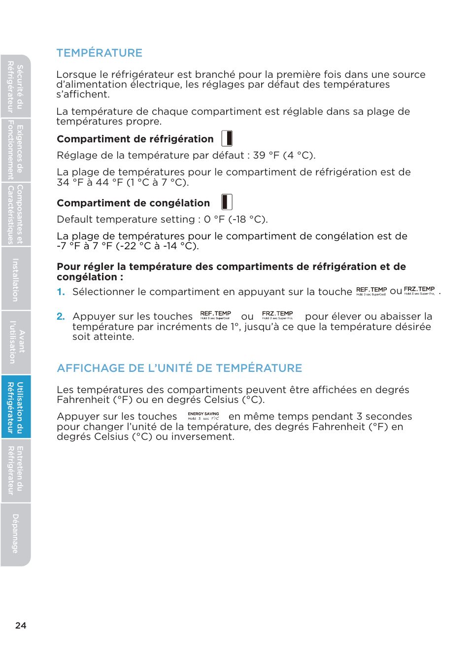 Affichage de l’unité de température, Température | MIDEA 26.3 Cu. Ft. Side-by-Side User Manual | Page 63 / 121