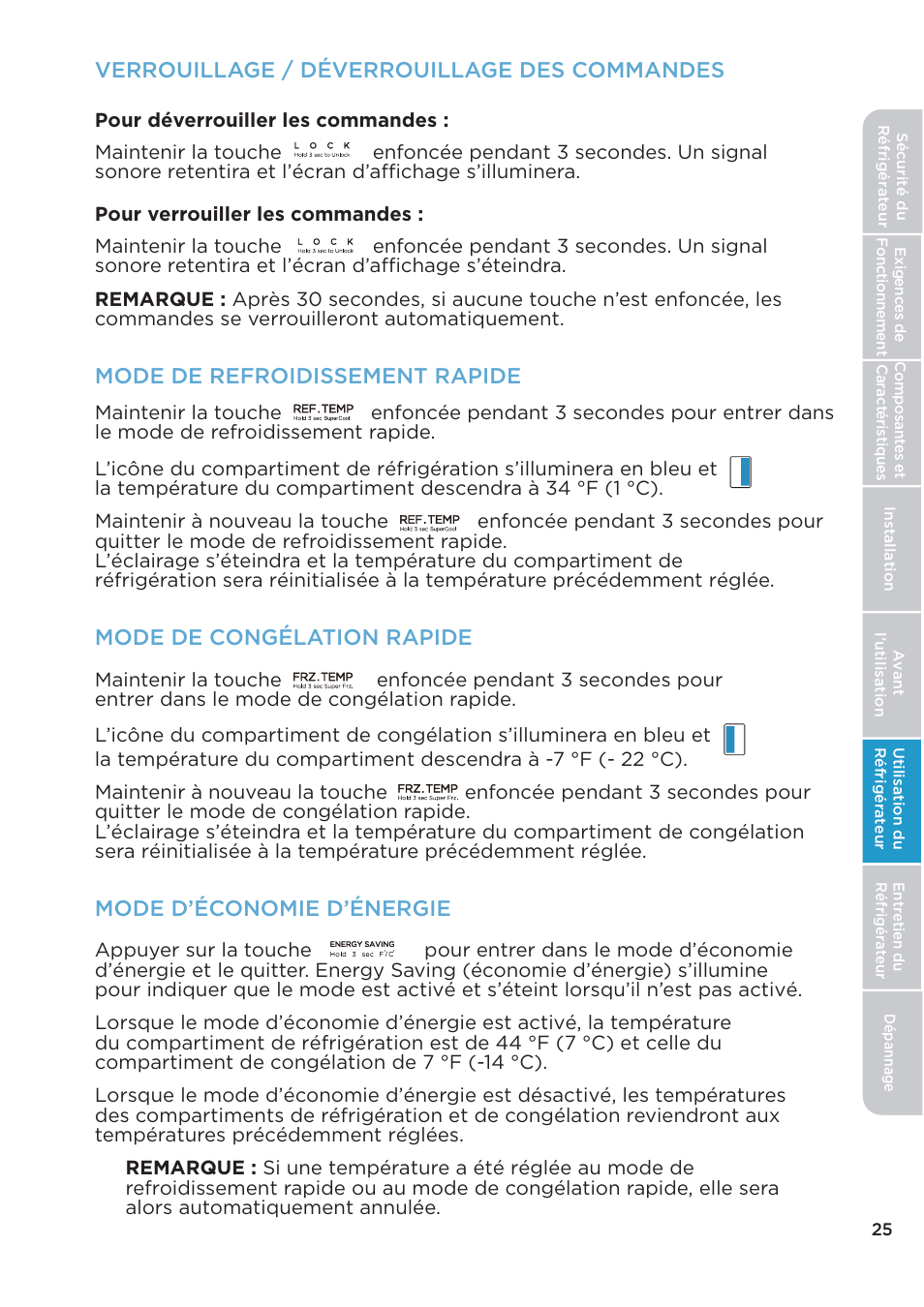 Verrouillage / déverrouillage des commandes, Mode de refroidissement rapide, Mode de congélation rapide | Mode d’économie d’énergie | MIDEA 26.3 Cu. Ft. Side-by-Side User Manual | Page 64 / 121