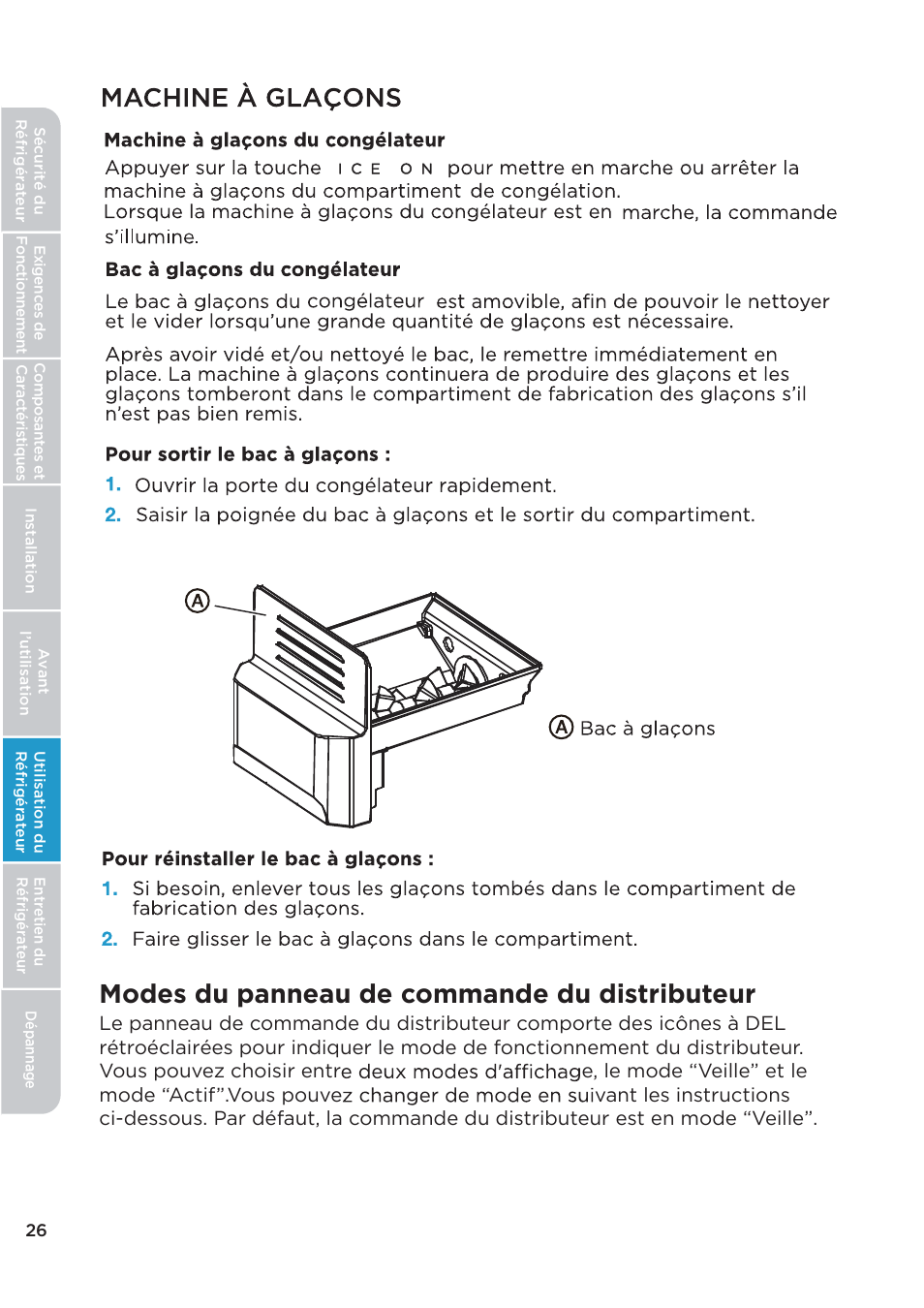 Modes du panneau de commande du distributeur | MIDEA 26.3 Cu. Ft. Side-by-Side User Manual | Page 65 / 121