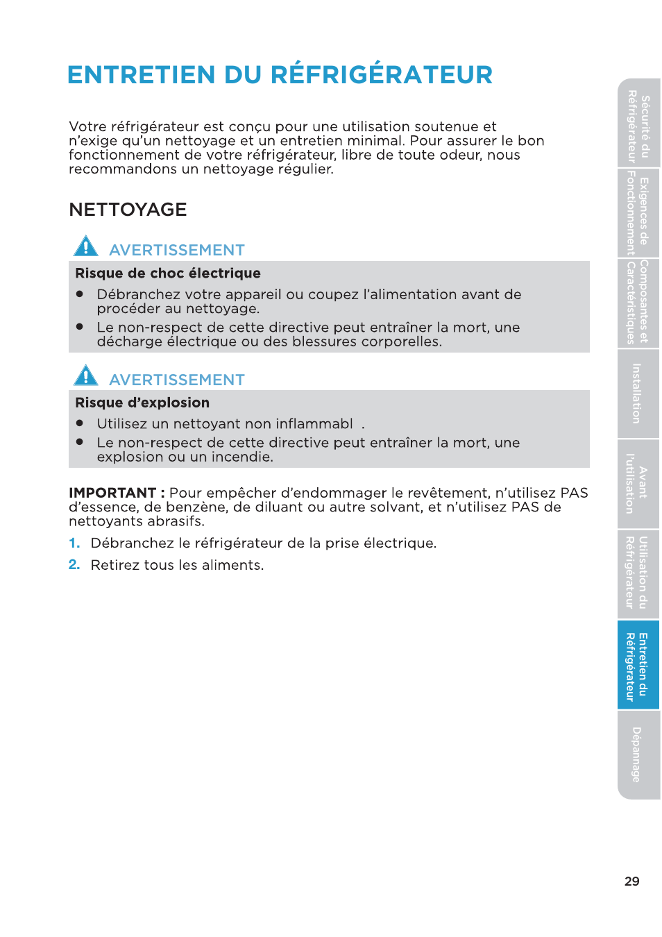 Entretien du réfrigérateur, Nettoyage | MIDEA 26.3 Cu. Ft. Side-by-Side User Manual | Page 68 / 121