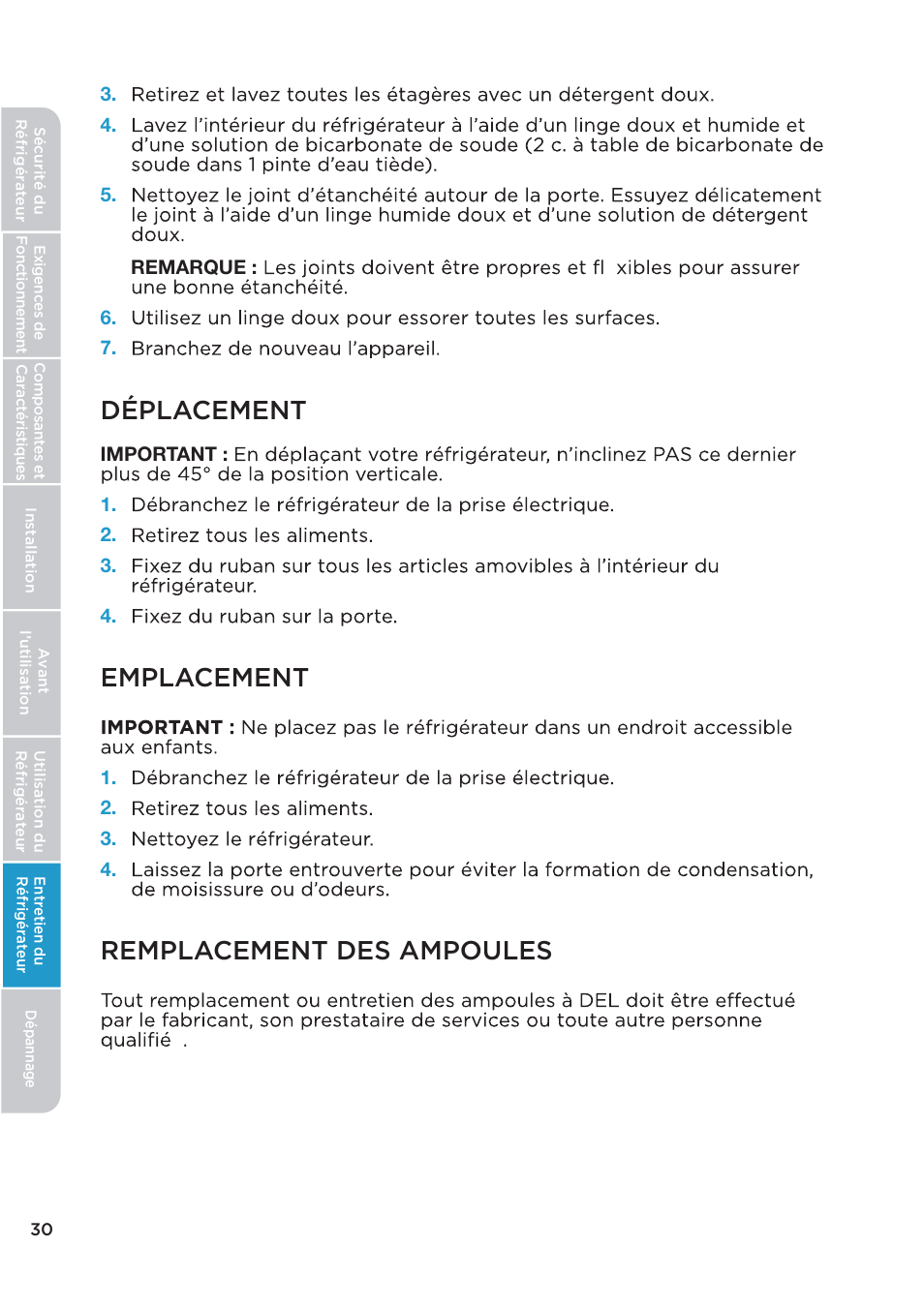 Déplacement, Emplacement, Remplacement des ampoules | MIDEA 26.3 Cu. Ft. Side-by-Side User Manual | Page 69 / 121